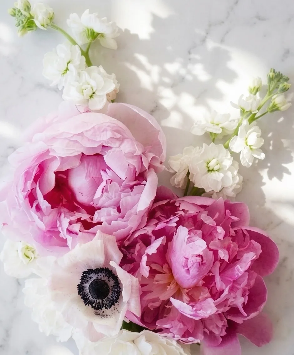Pink peonies and white blossoms on a marble surface